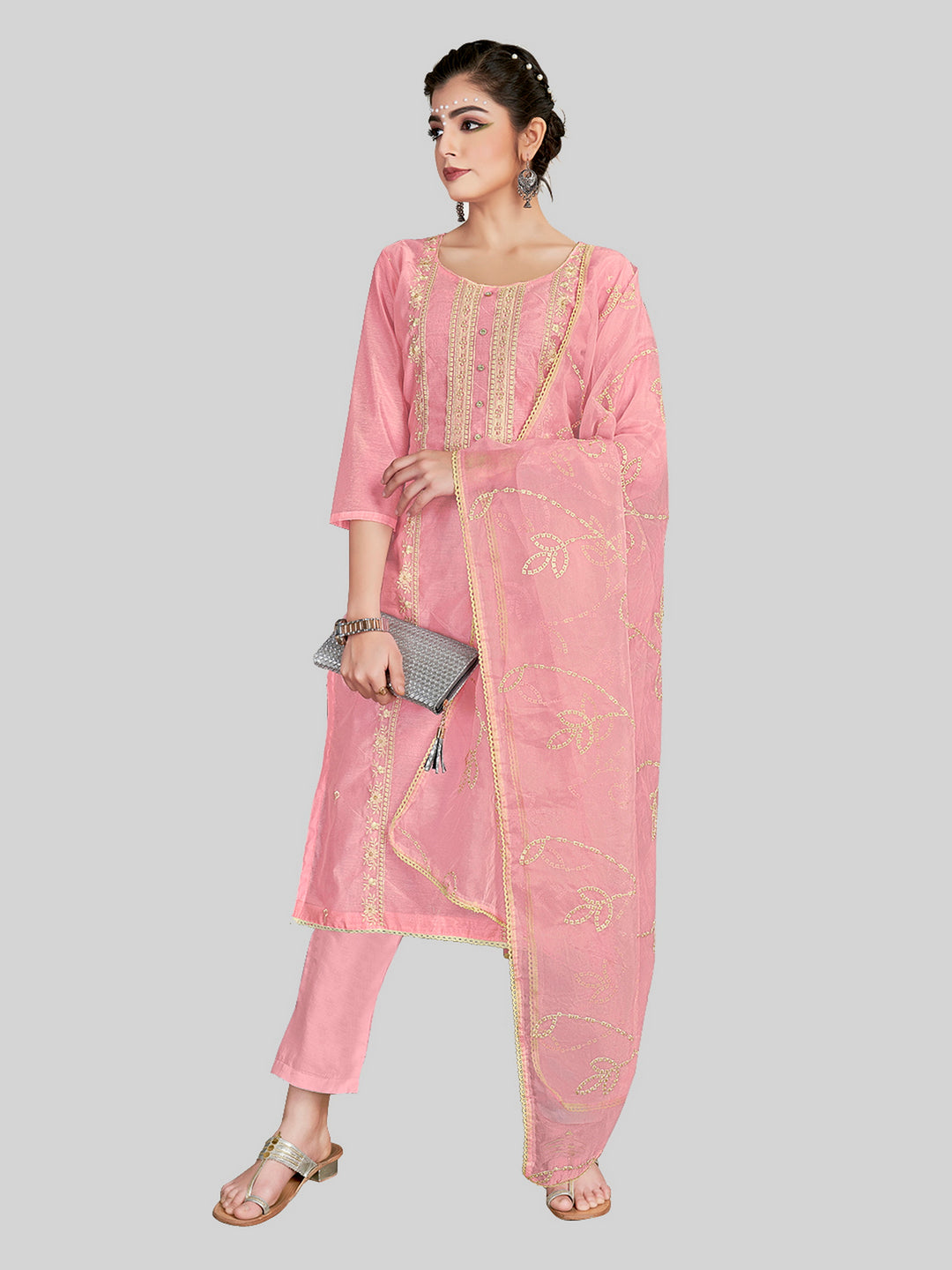 Stylish Embroidered Kurti Set | Round Neck & Organza Dupatta Office Wear