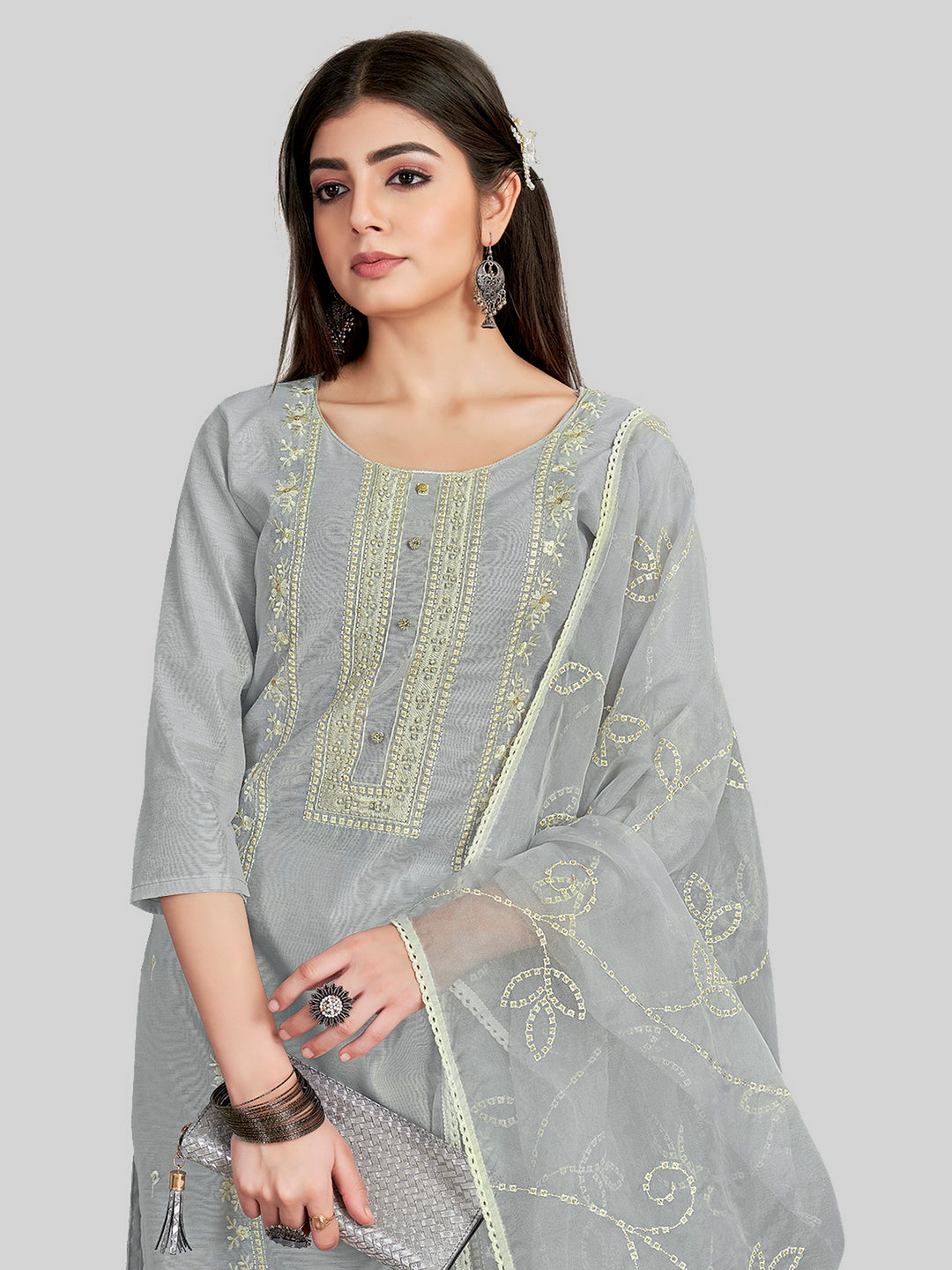 Stylish Embroidered Kurti Set | Round Neck & Organza Dupatta Office Wear