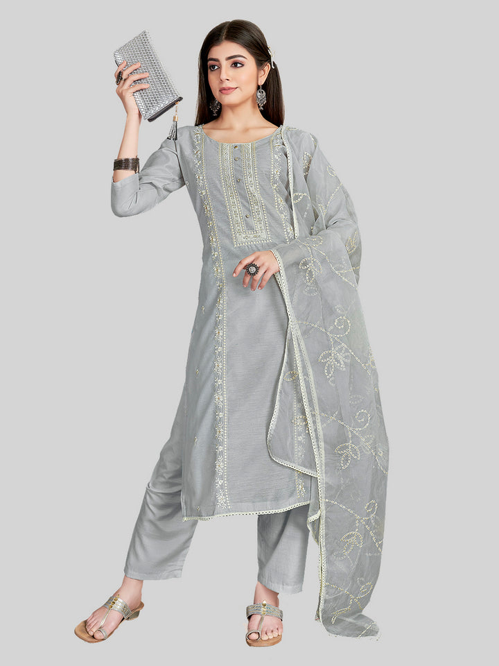 Stylish Embroidered Kurti Set | Round Neck & Organza Dupatta Office Wear