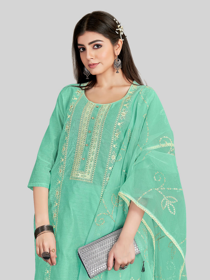 Stylish Embroidered Kurti Set | Round Neck & Organza Dupatta Office Wear