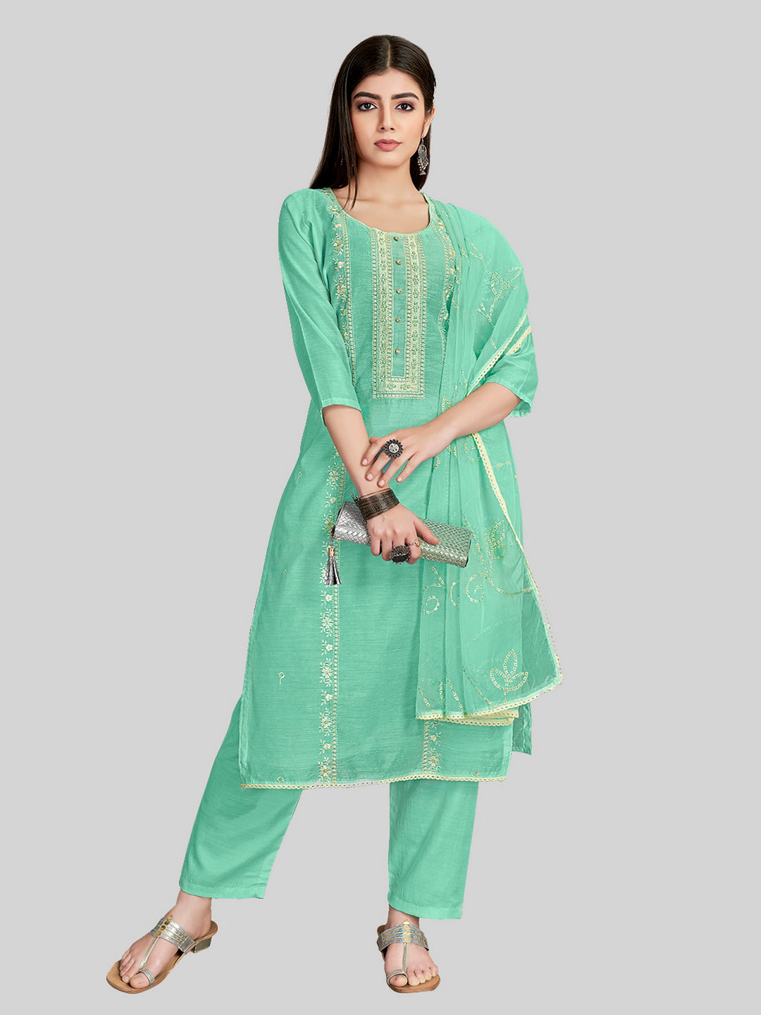 Stylish Embroidered Kurti Set | Round Neck & Organza Dupatta Office Wear