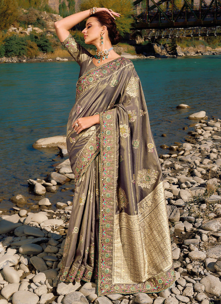 Designer Banarasi Silk Saree | Elegant Wevon, Cutdana & Mirror Work