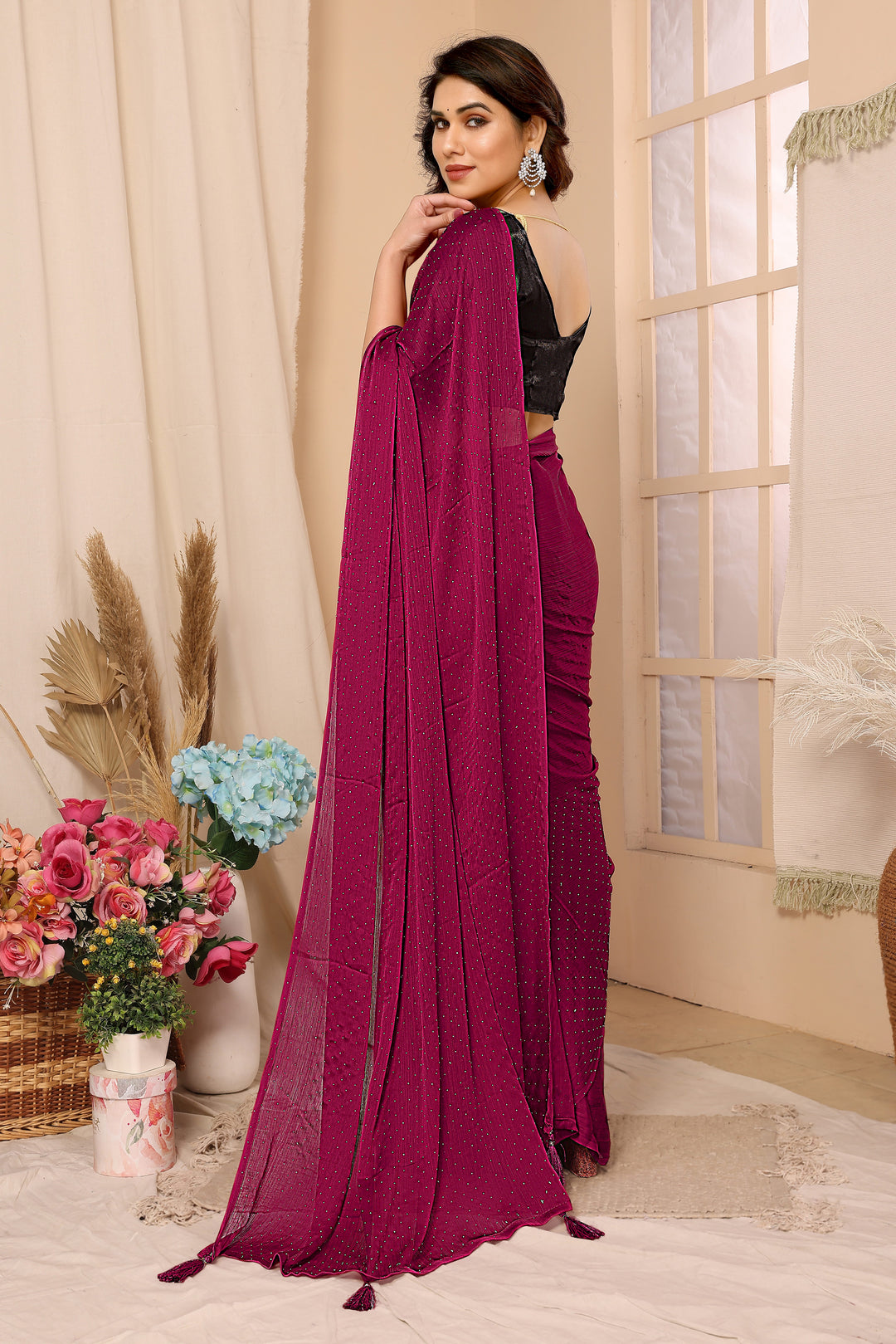 Satin-Chiffon Saree with Stone-Work | Art-Silk Blouse for Weddings & Festive