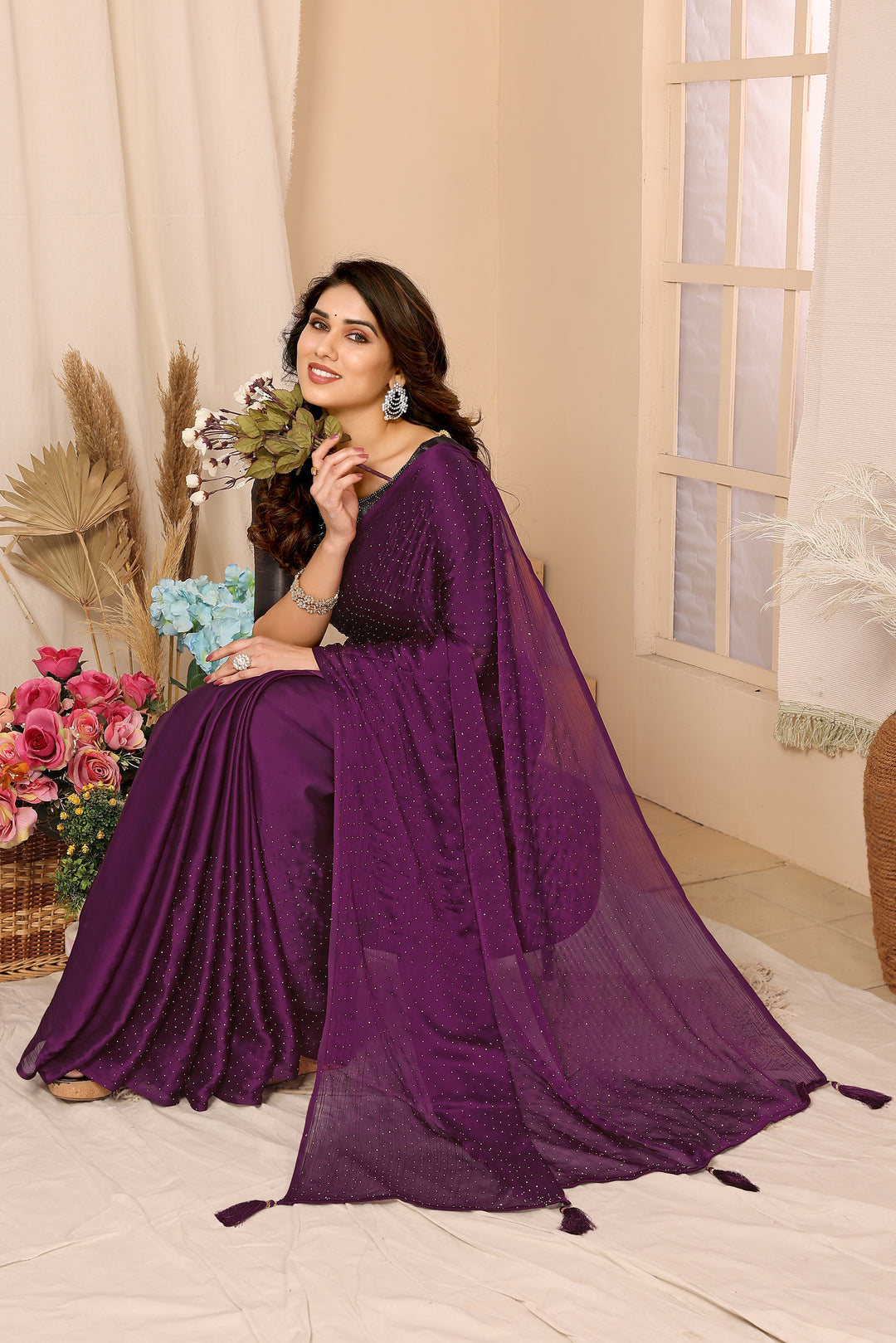 Satin-Chiffon Saree with Stone-Work | Art-Silk Blouse for Weddings & Festive