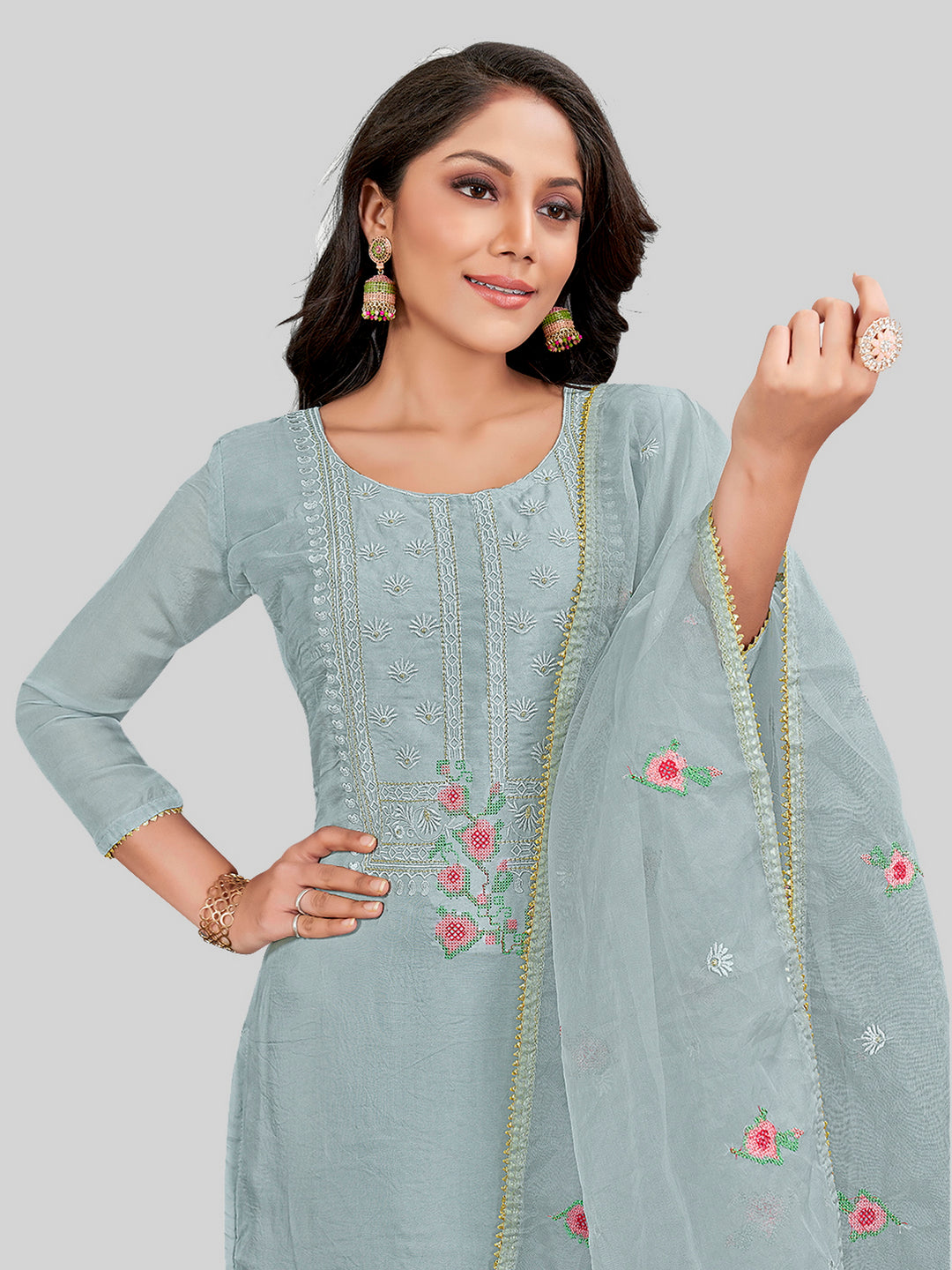 Elegant Designer Salwar Suit | Embroidered Modal Silk Top With Santoon Bottom