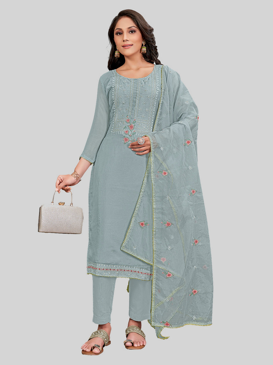 Elegant Designer Salwar Suit | Embroidered Modal Silk Top With Santoon Bottom