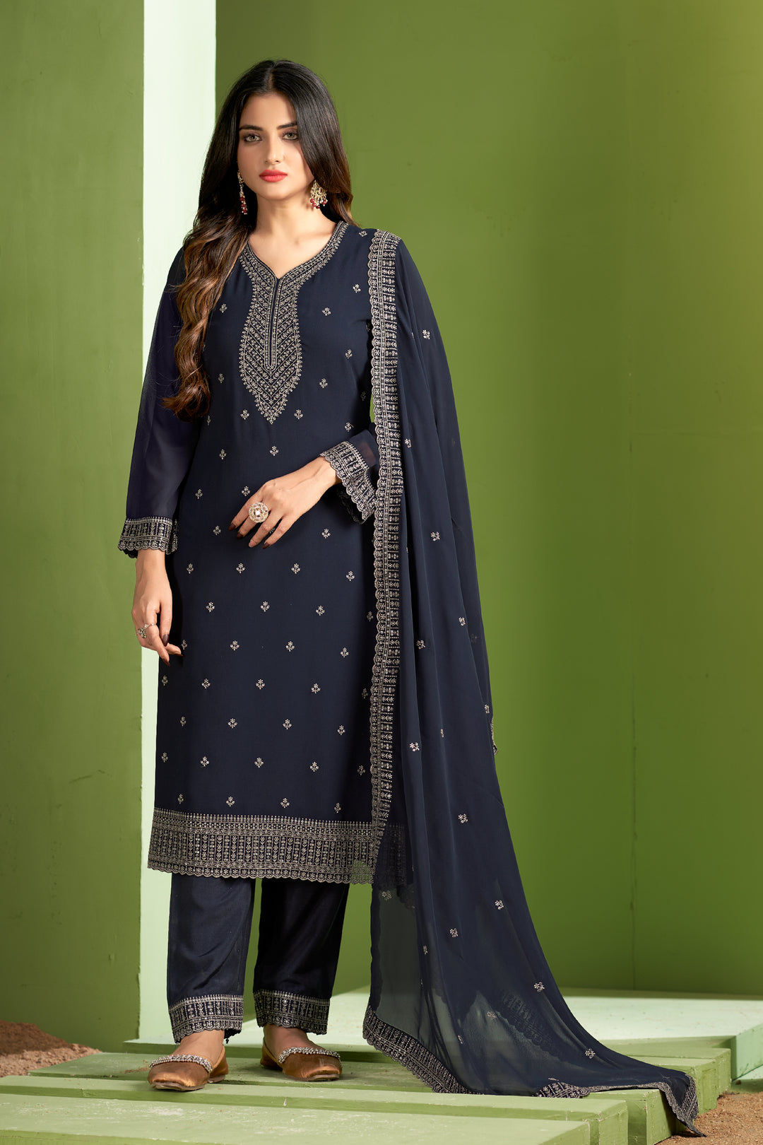 Embroidered Georgette Salwar Suit with Santoon Bottom & Dupatta | Designer