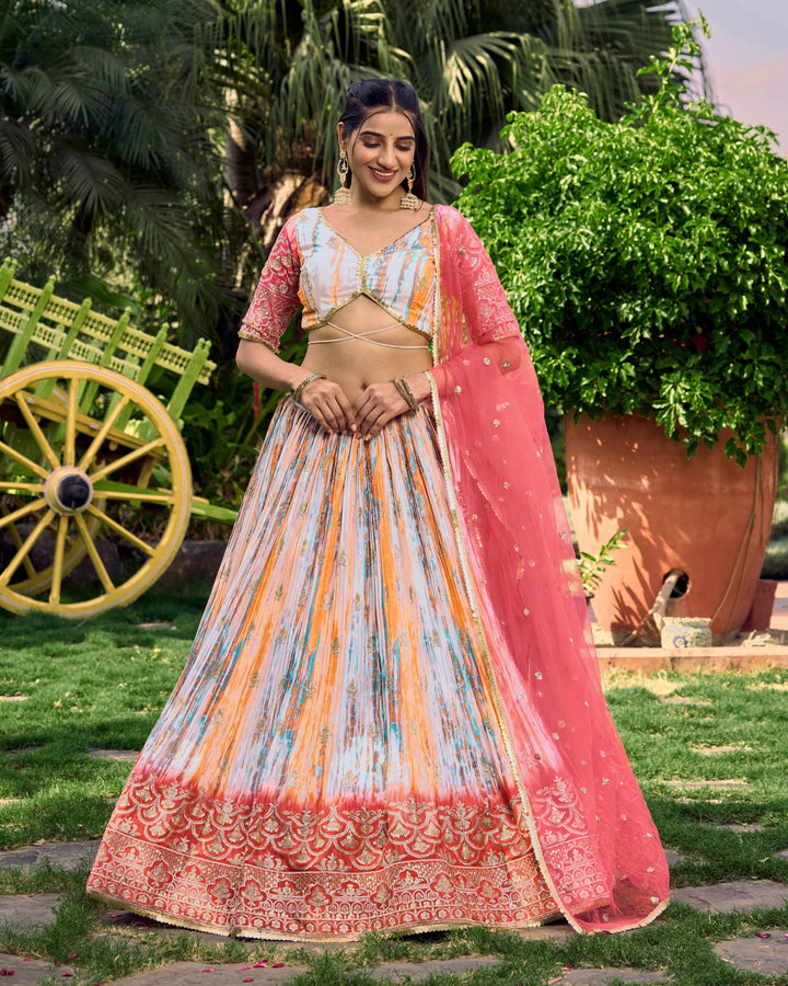 Designer Chinon Lehenga Choli | Jari Sequins & Digital Print for Festive Wear