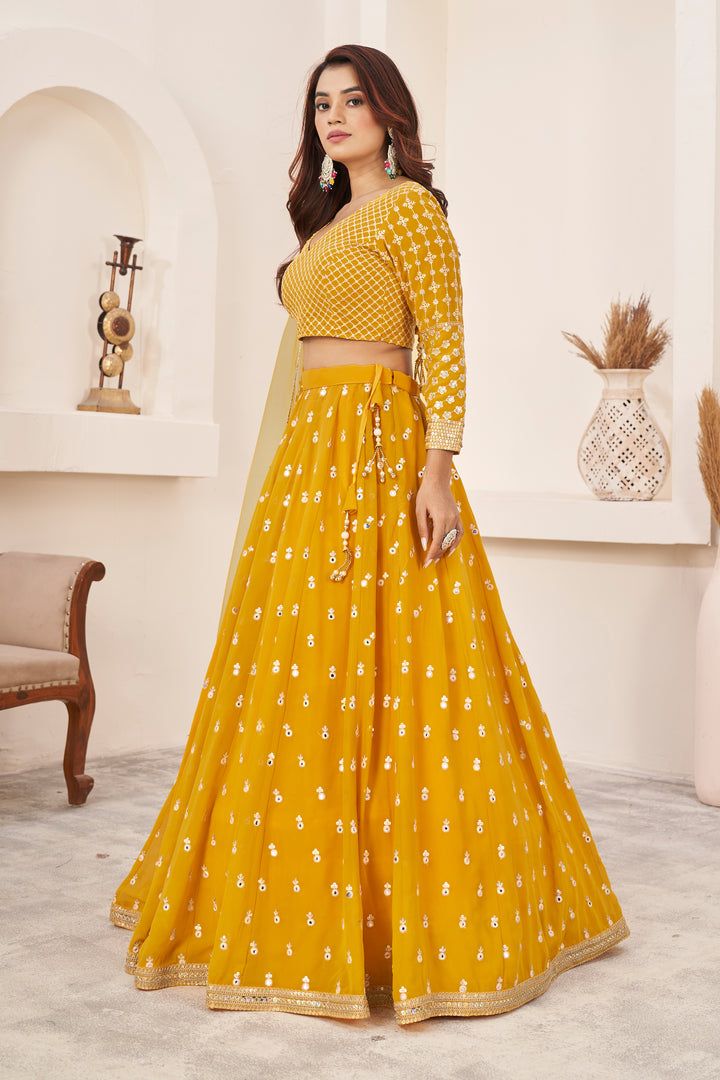 Yellow Georgette Lehenga Choli | Embroidered Designer Wear for Wedding & Festive