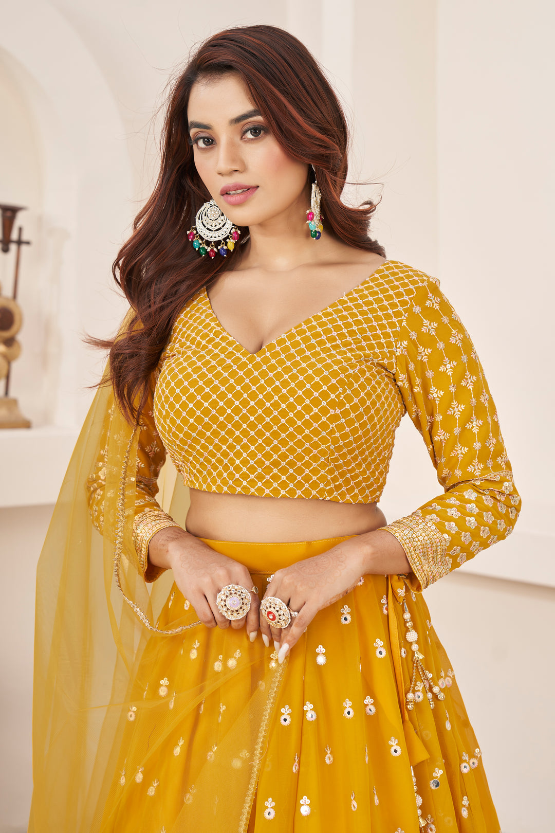 Yellow Georgette Lehenga Choli | Embroidered Designer Wear for Wedding & Festive