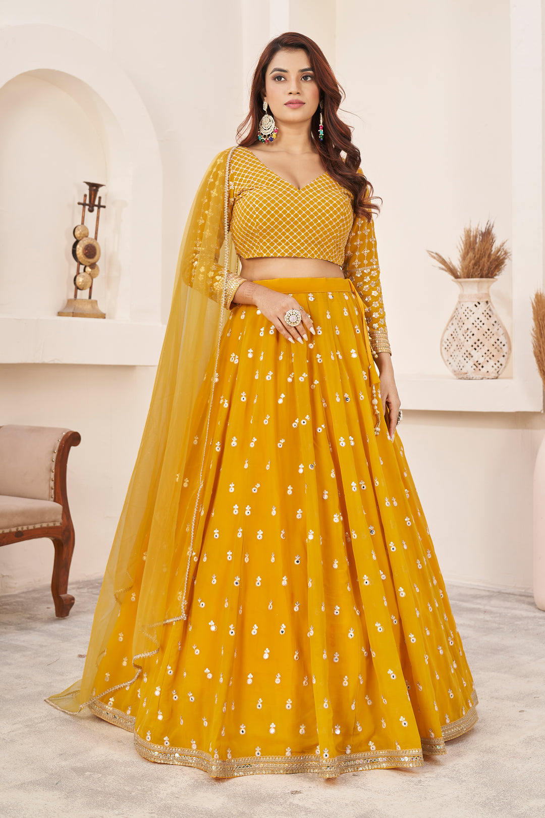 Yellow Georgette Lehenga Choli | Embroidered Designer Wear for Wedding & Festive