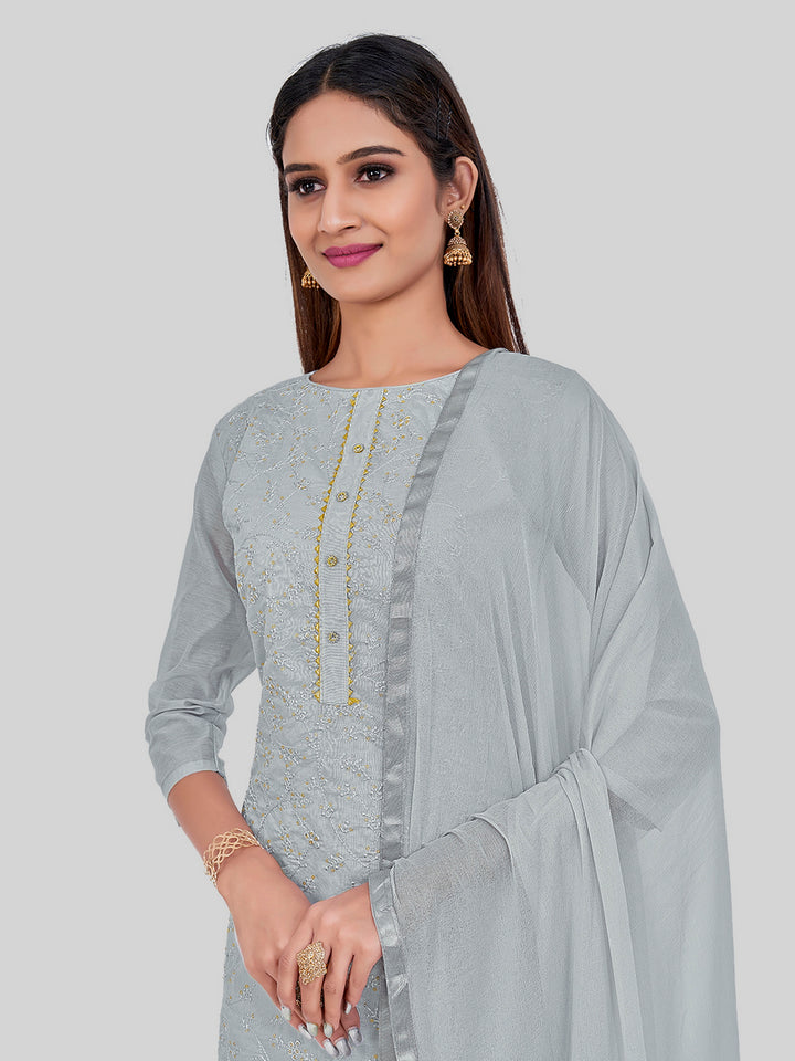 Elegant Chanderi Silk | Designer Thread Embroidery Salwar Suit Set