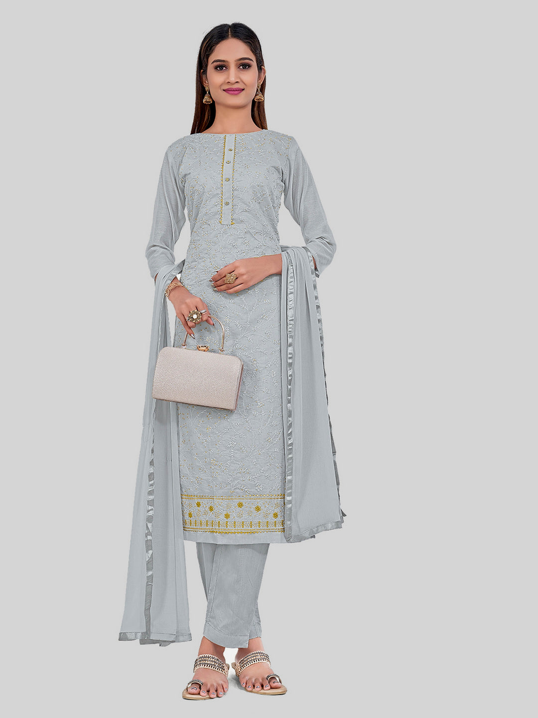 Elegant Chanderi Silk | Designer Thread Embroidery Salwar Suit Set