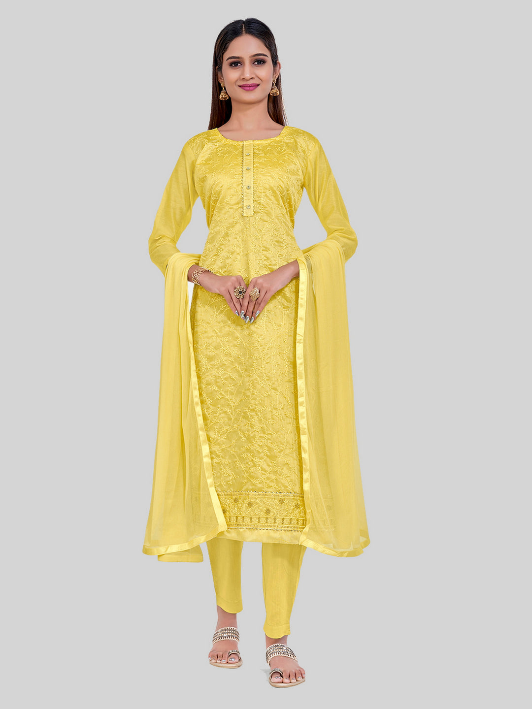 Elegant Chanderi Silk | Designer Thread Embroidery Salwar Suit Set