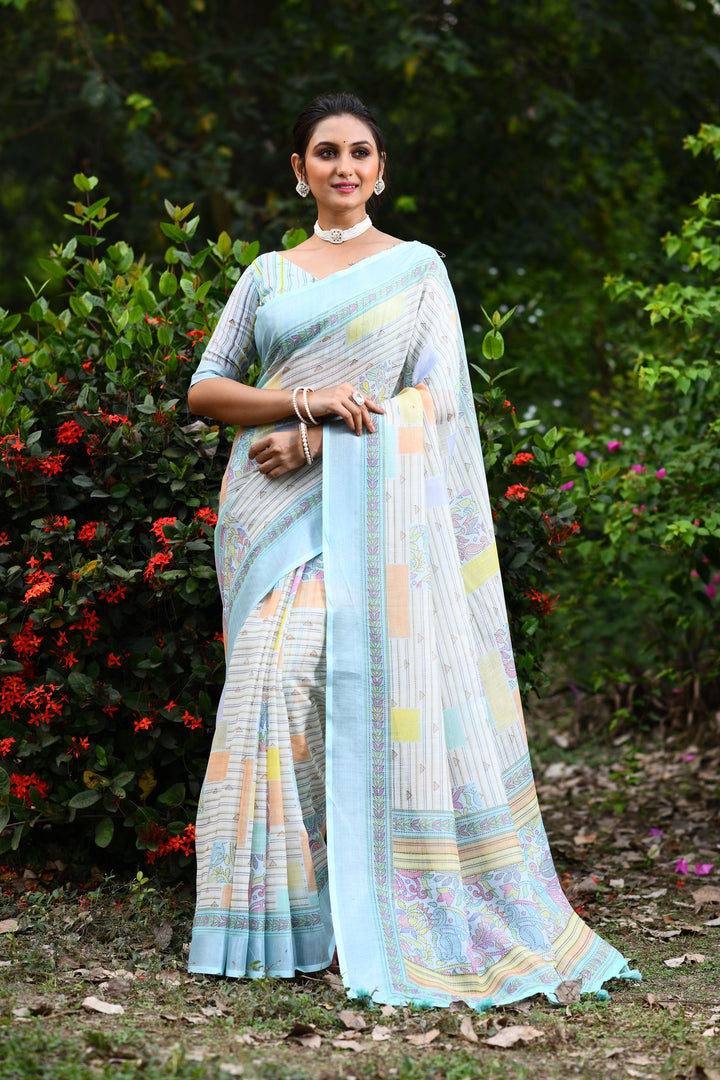 Designer Linen Saree with Wevon-Jari Work | Perfect for Weddings and Festive Events