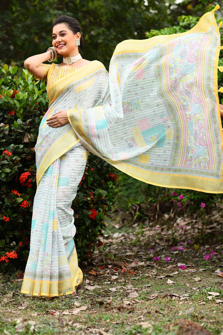 Designer Linen Saree with Wevon-Jari Work | Perfect for Weddings and Festive Events