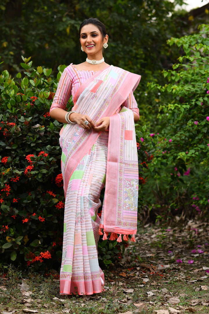 Designer Linen Saree with Wevon-Jari Work | Perfect for Weddings and Festive Events