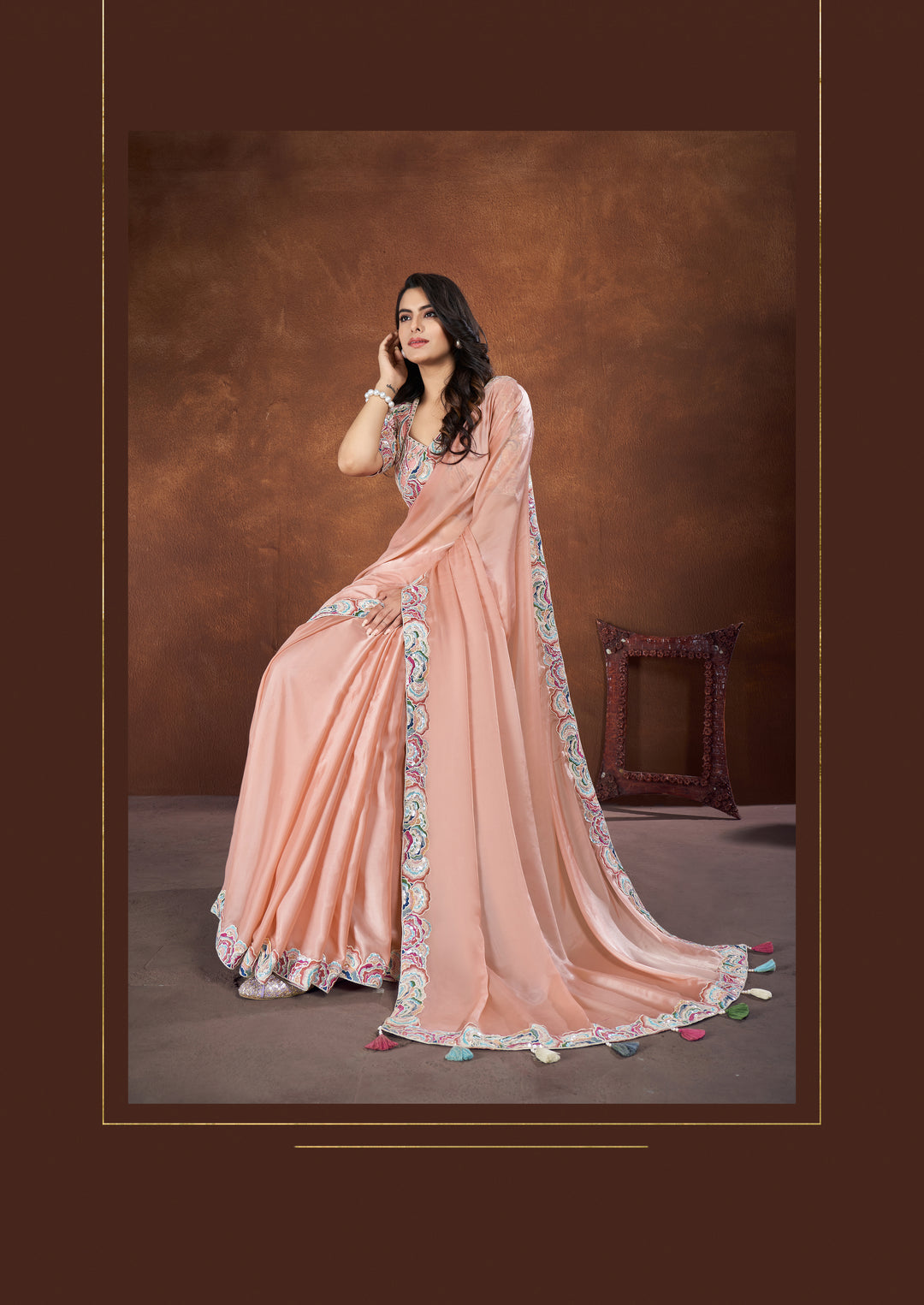 Designer Crepe Satin Silk Saree with Net Blouse | Elegant Thread Work for Weddings