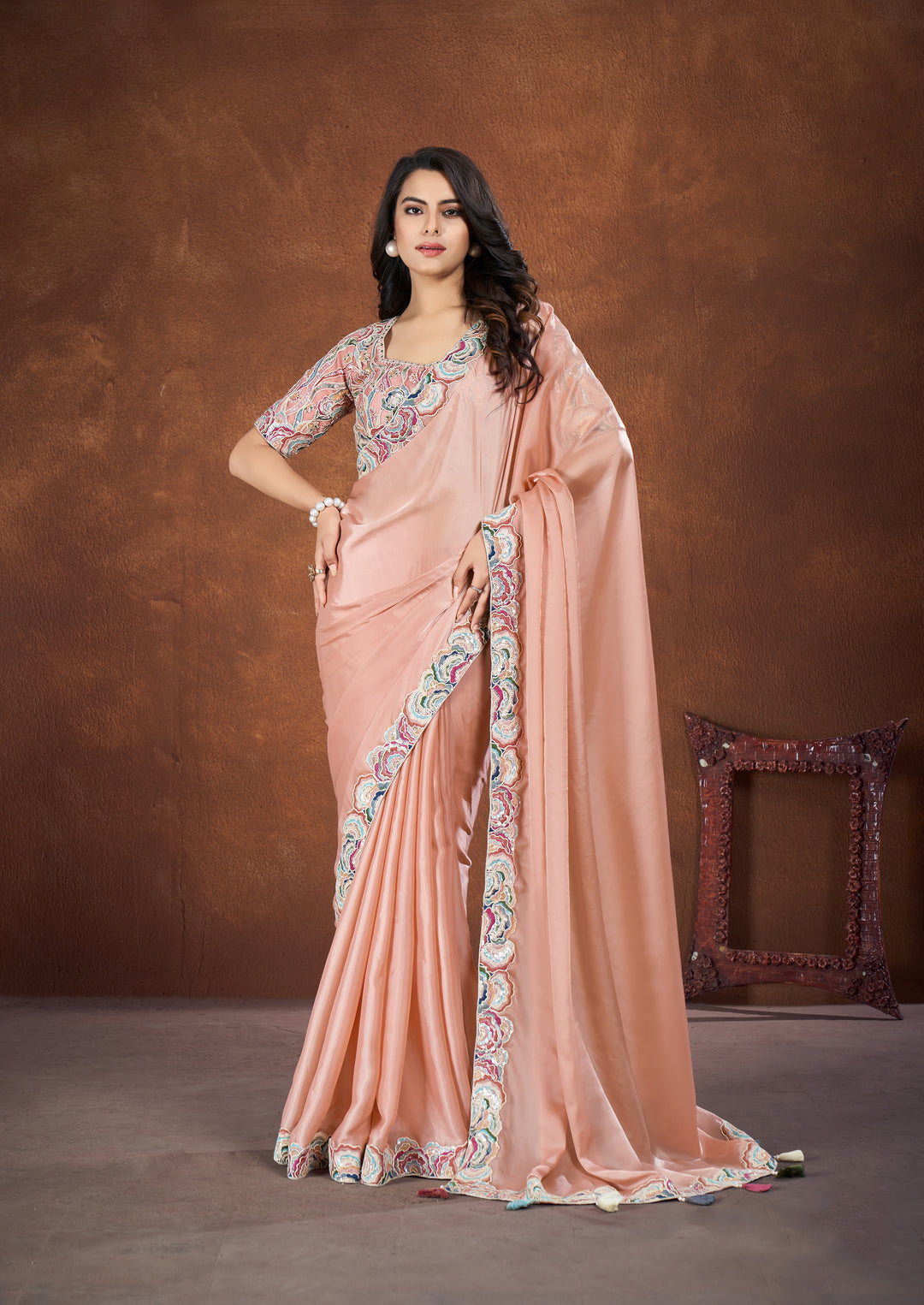 Designer Crepe Satin Silk Saree with Net Blouse | Elegant Thread Work for Weddings