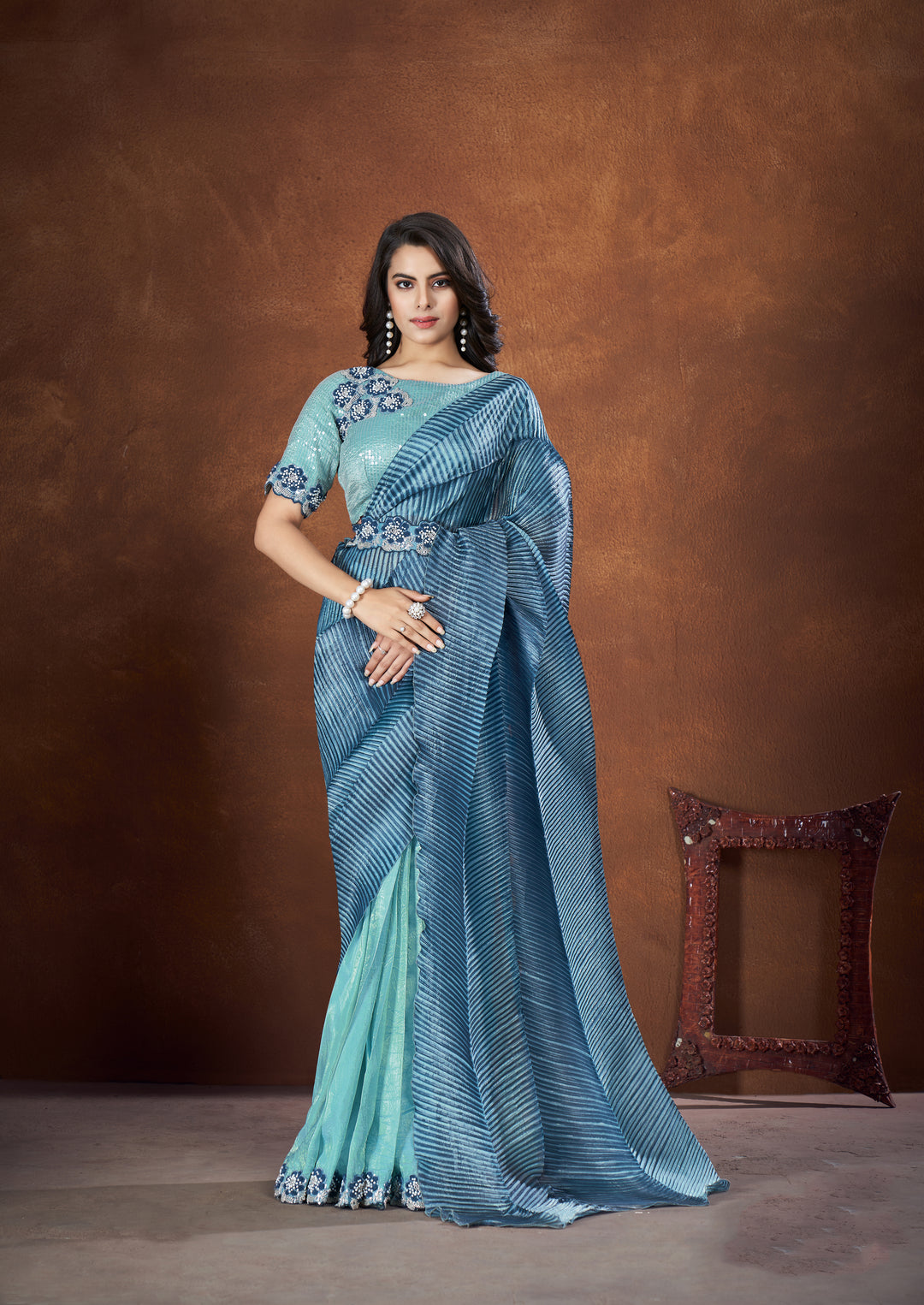 Sky Blue Banarsi Crush Silk Saree | Embroidered Georgette Blouse for Occasions