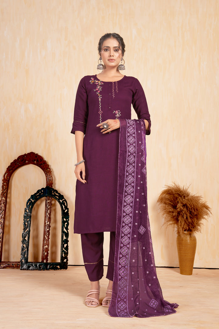 Designer Rayon Suit with Embroidery | Elegant Art Silk Dupatta