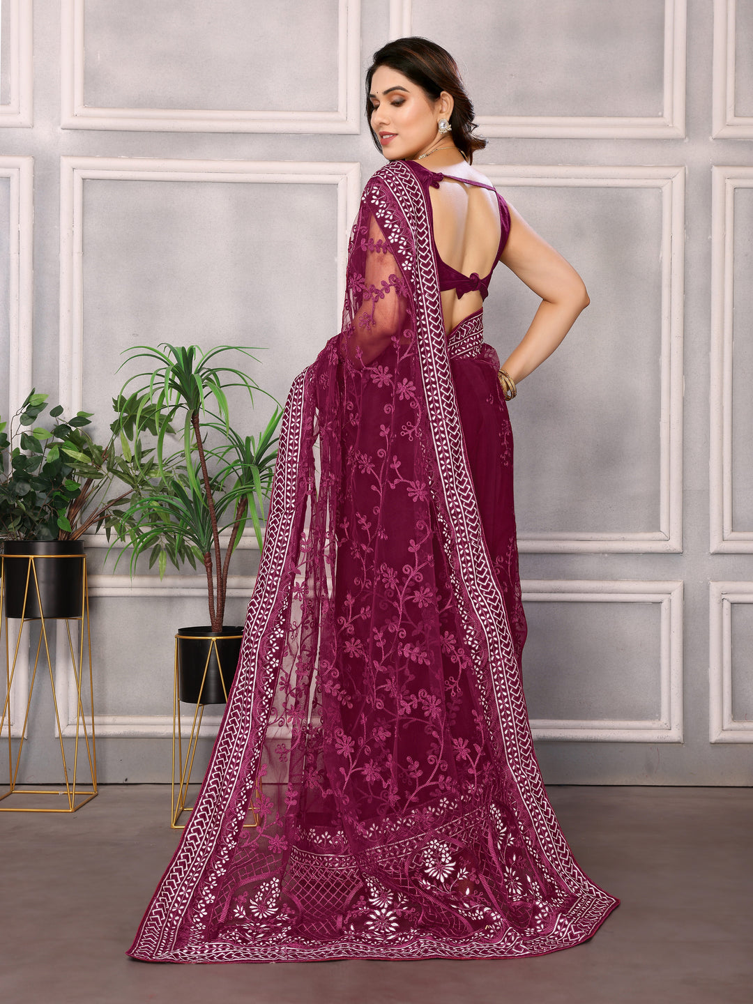 Designer Thread Embroidery Soft-Net Saree | Wedding & Festive Elegance