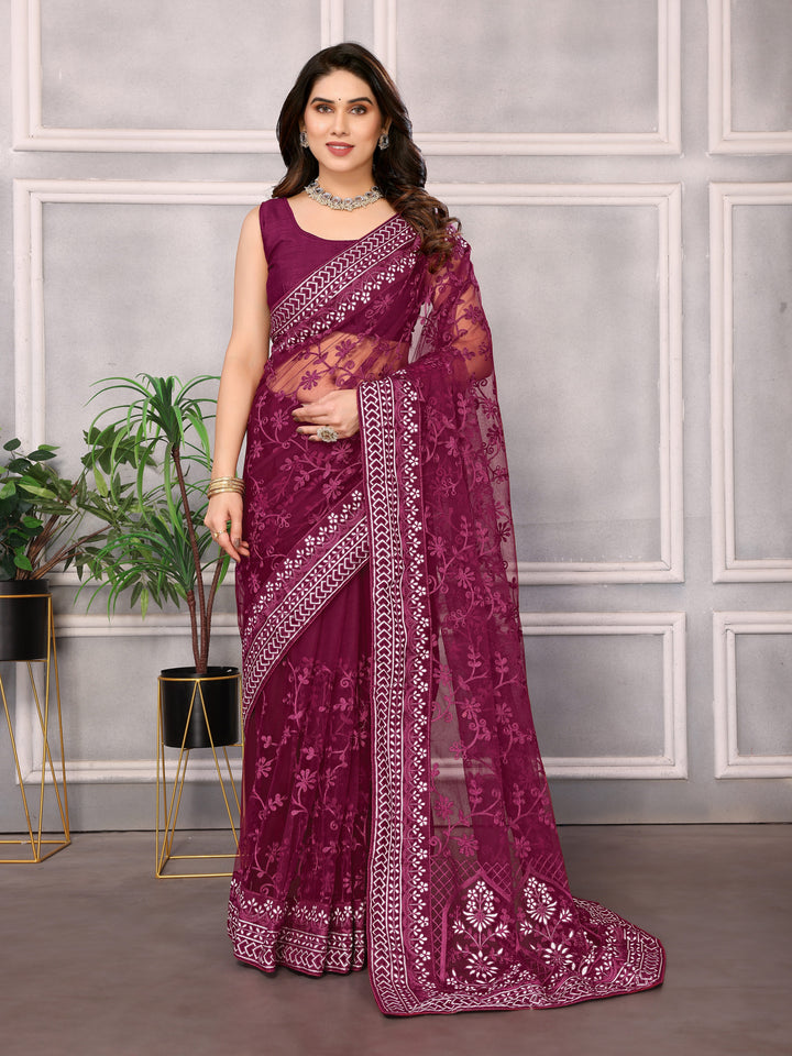 Designer Thread Embroidery Soft-Net Saree | Wedding & Festive Elegance