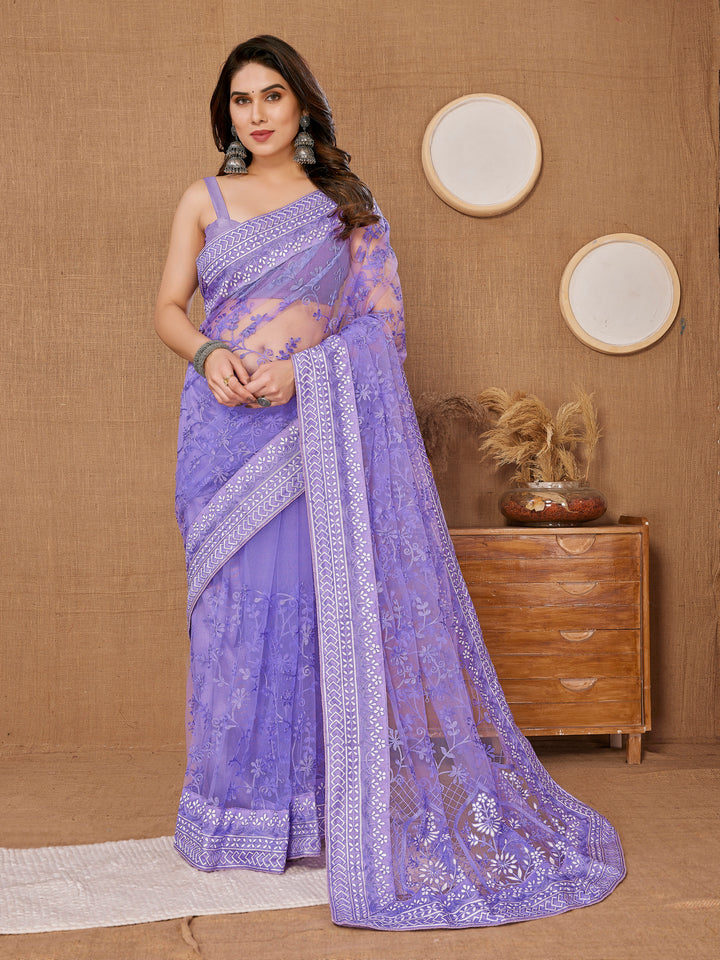 Designer Thread Embroidery Soft-Net Saree | Wedding & Festive Elegance