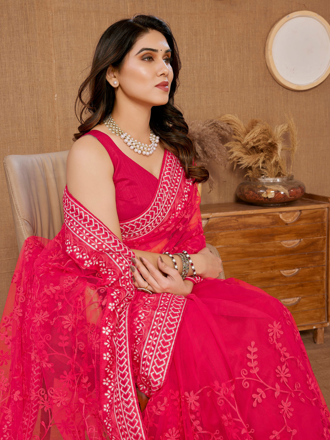 Designer Thread Embroidery Soft-Net Saree | Wedding & Festive Elegance