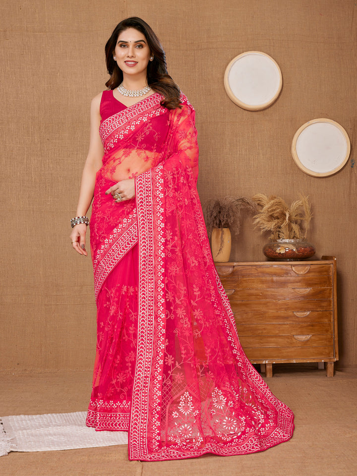 Designer Thread Embroidery Soft-Net Saree | Wedding & Festive Elegance