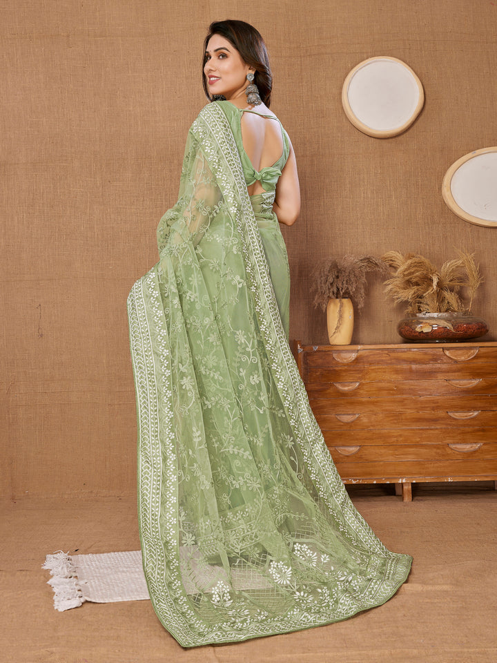 Designer Thread Embroidery Soft-Net Saree | Wedding & Festive Elegance