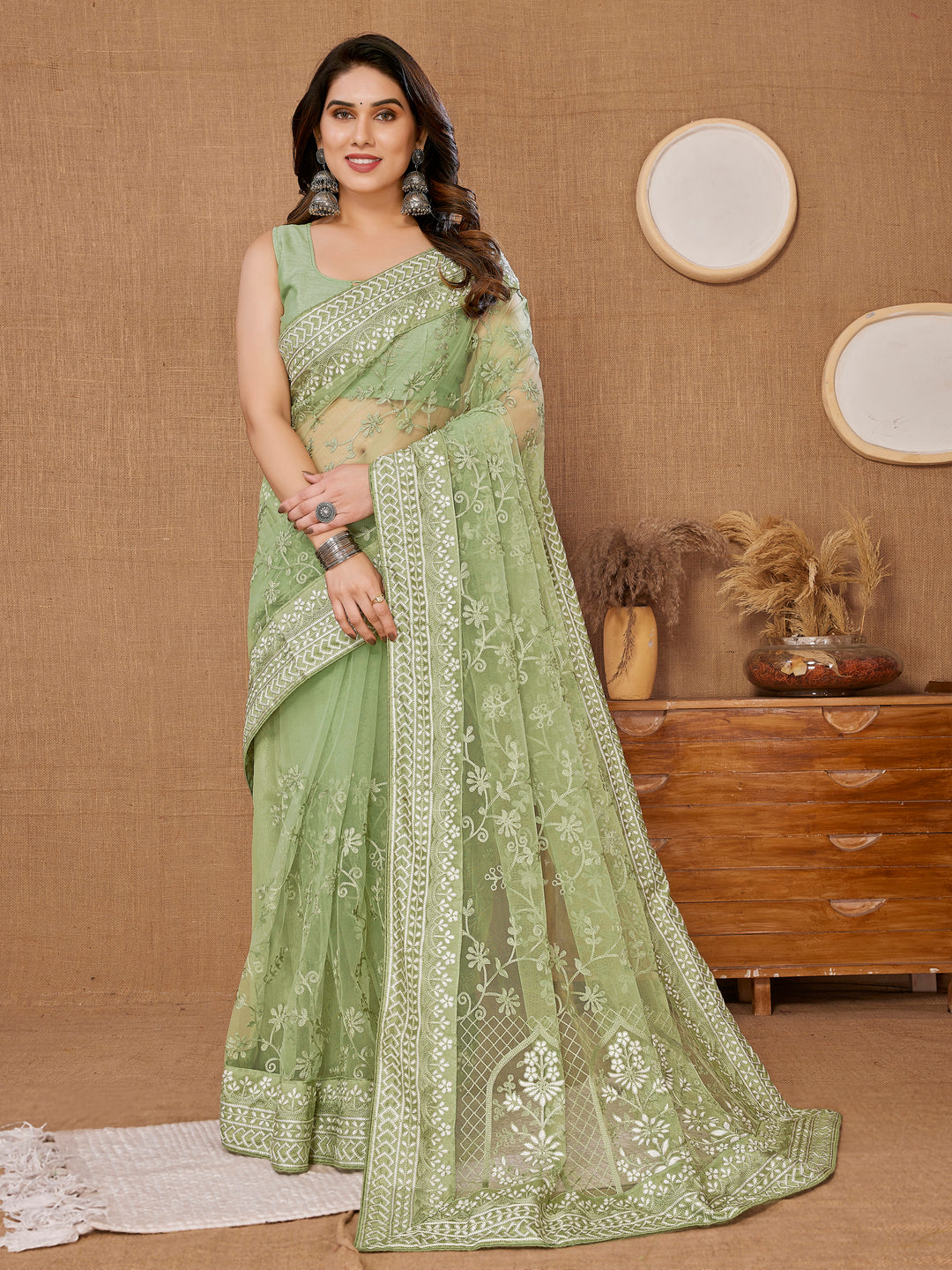 Designer Thread Embroidery Soft-Net Saree | Wedding & Festive Elegance