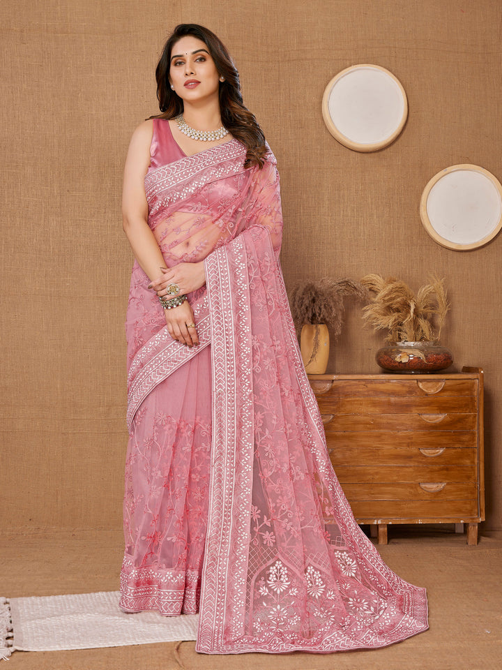 Designer Thread Embroidery Soft-Net Saree | Wedding & Festive Elegance