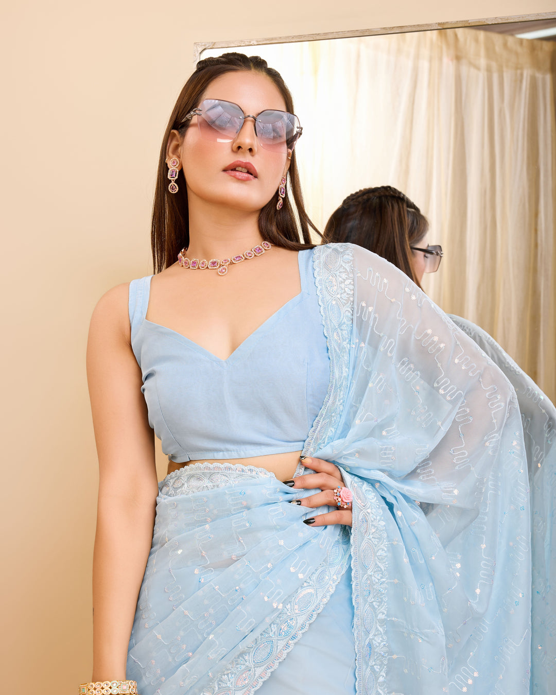 Designer Georgette Saree with Art-Silk Blouse | Sequined Embroidery for Events