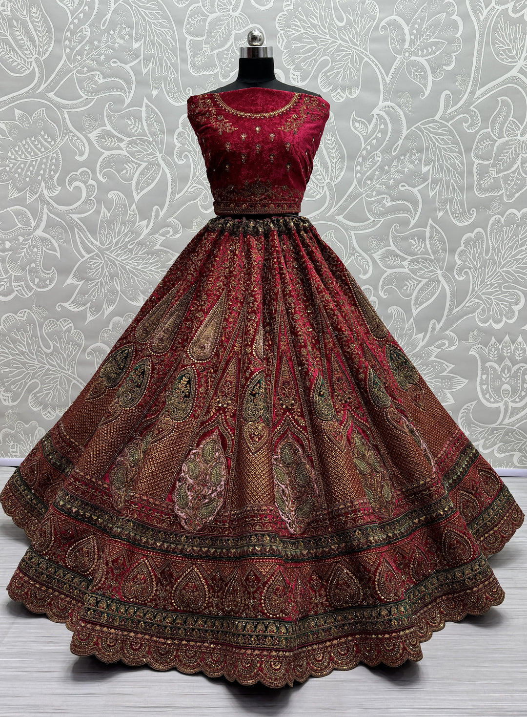 Elegant Velvet Lehenga | Patch-Work & Multi-Thread Embroidery for Weddings