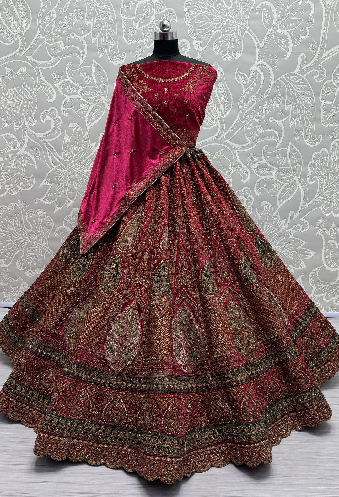 Elegant Velvet Lehenga | Patch-Work & Multi-Thread Embroidery for Weddings