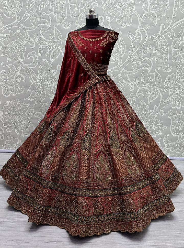 Elegant Velvet Lehenga | Patch-Work & Multi-Thread Embroidery for Weddings