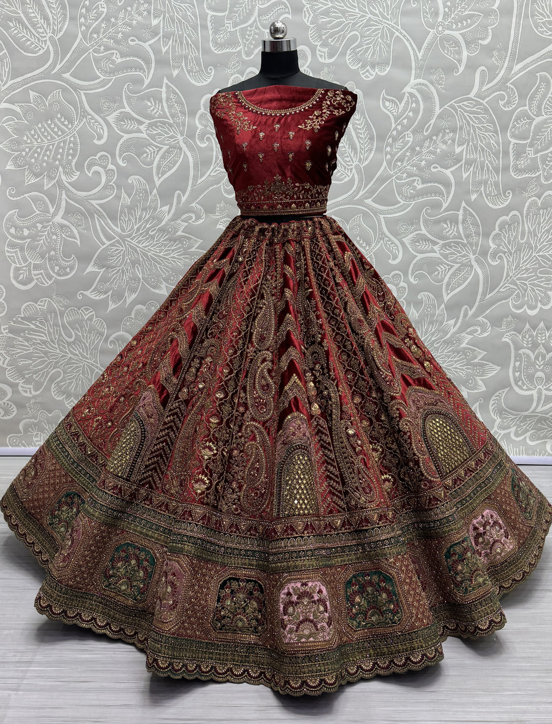 Velvet Mirror-Work Lehenga | Multi-Thread Embroidery for Weddings & Events