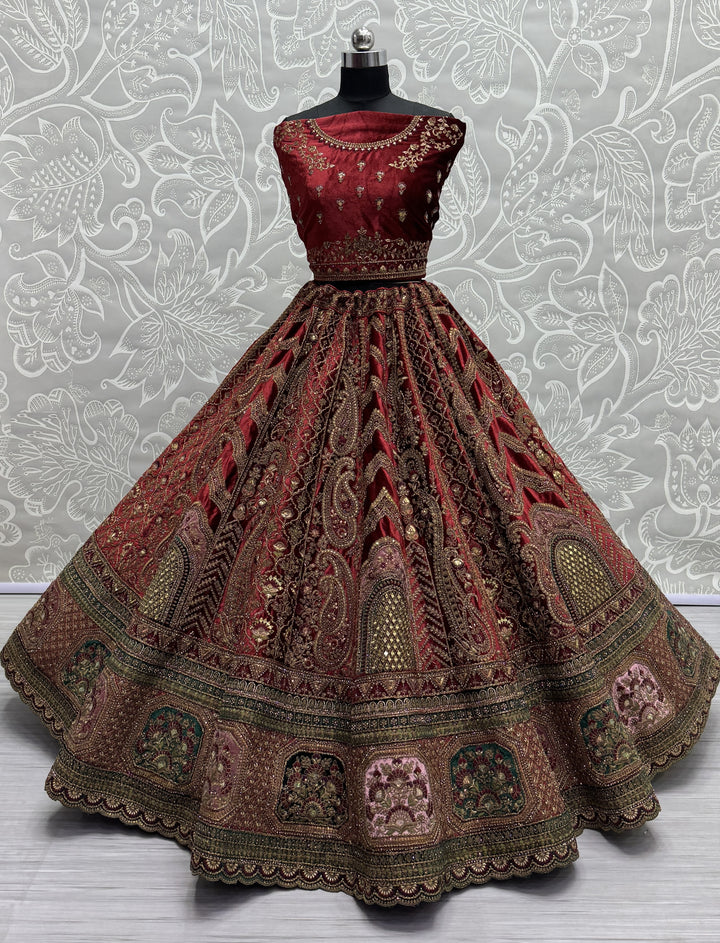 Velvet Mirror-Work Lehenga | Multi-Thread Embroidery for Weddings & Events