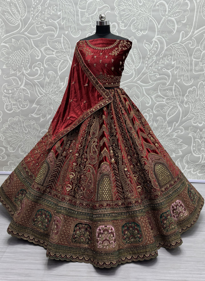 Velvet Mirror-Work Lehenga | Multi-Thread Embroidery for Weddings & Events