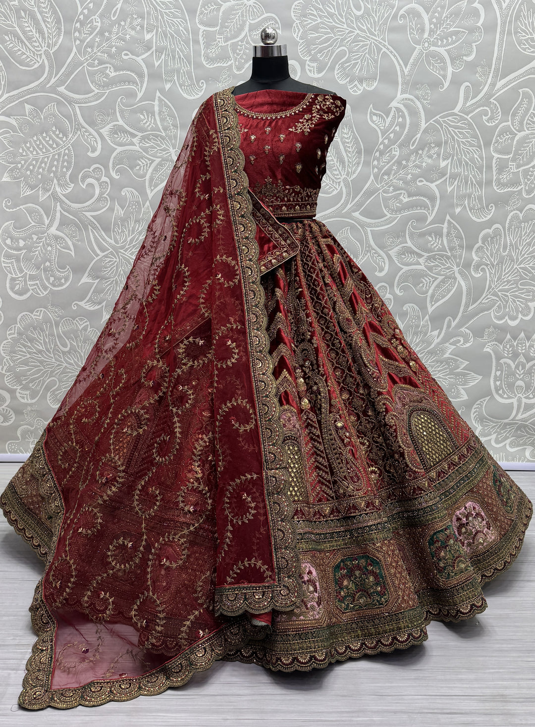 Velvet Mirror-Work Lehenga | Multi-Thread Embroidery for Weddings & Events