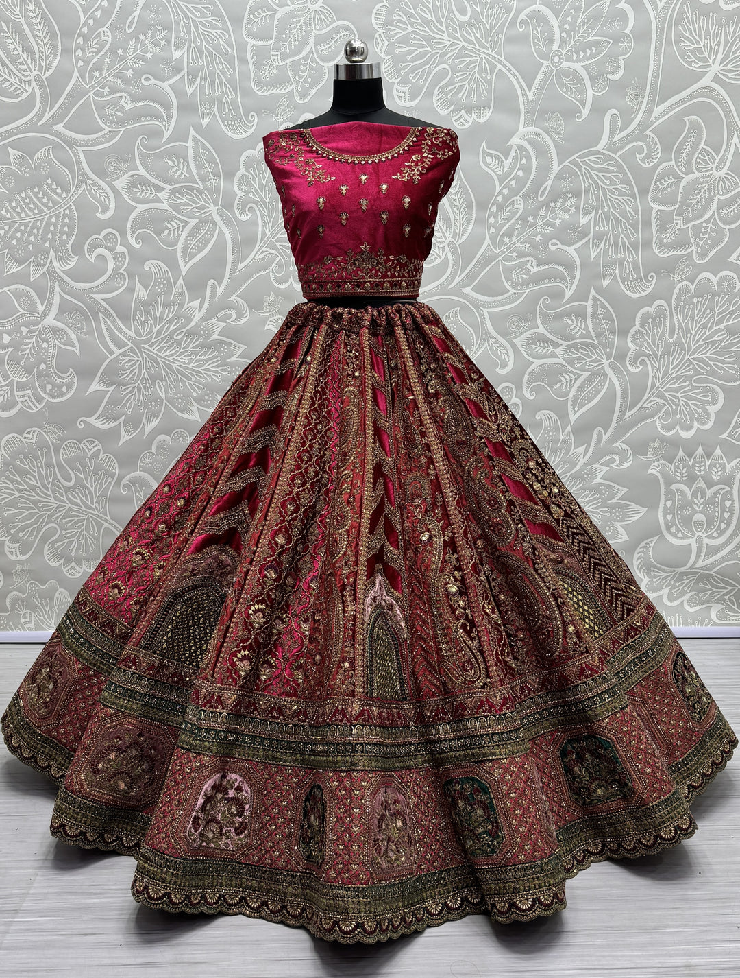 Velvet Mirror-Work Lehenga | Multi-Thread Embroidery for Weddings & Events