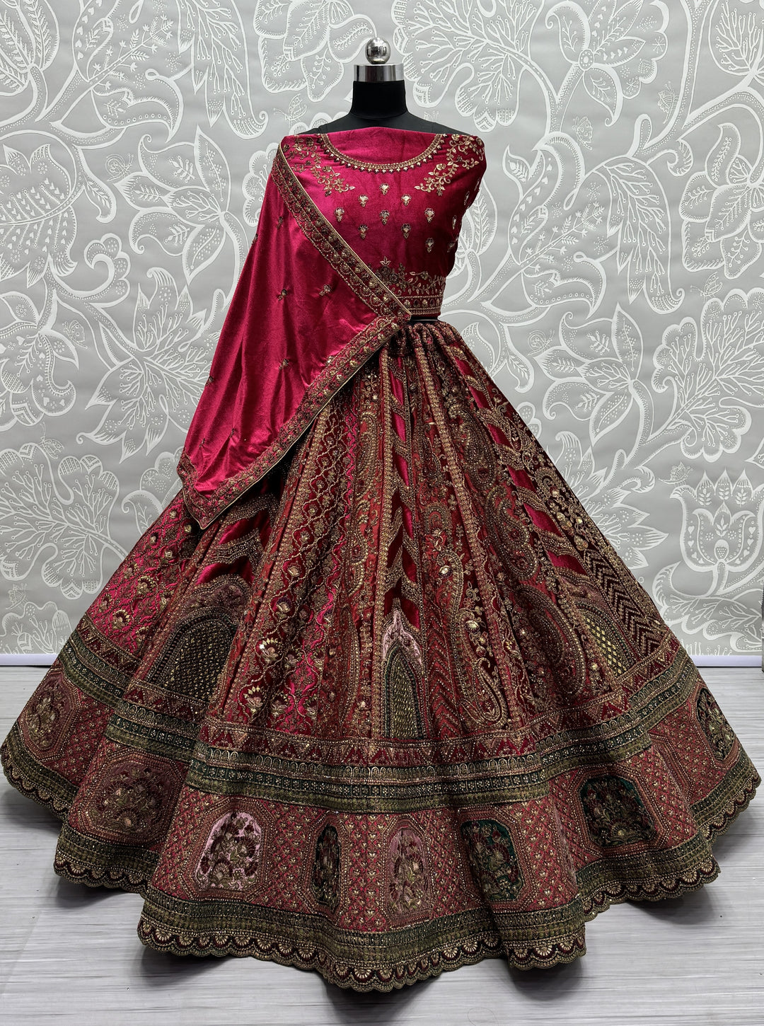 Velvet Mirror-Work Lehenga | Multi-Thread Embroidery for Weddings & Events