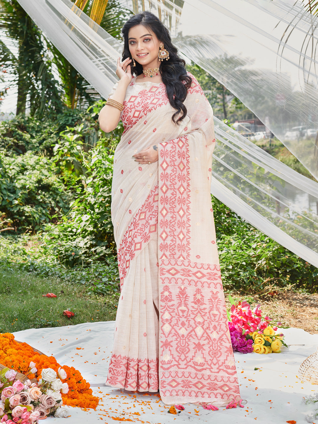 Designer Cotton Saree | Woven-Printed for Special Events, Weddings & Pooja