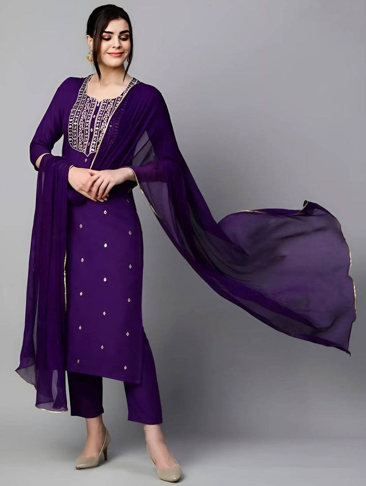 Elegant Rayon Slub Suit | Designer Embroidered Attire with Chinon Dupatta