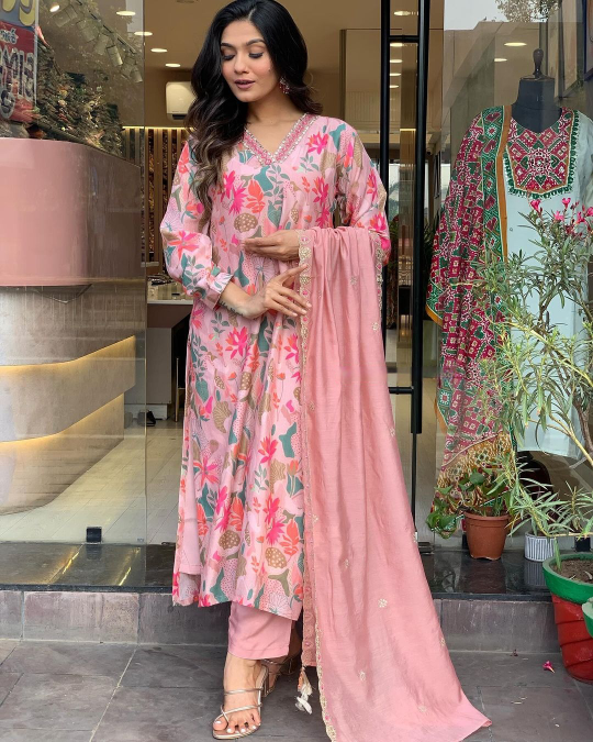 Designer Pink Suit | Viscose Rayon with Organza Dupatta