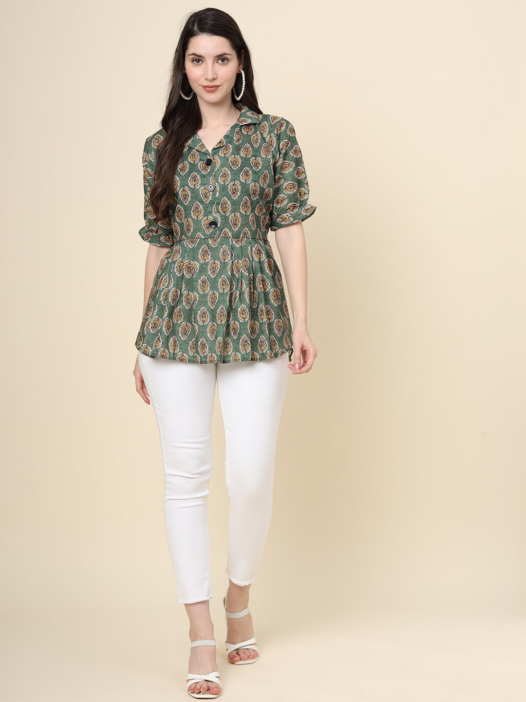 Elegant Green Cotton Kurti | Designer Printed Short Ethnic Wear for Women