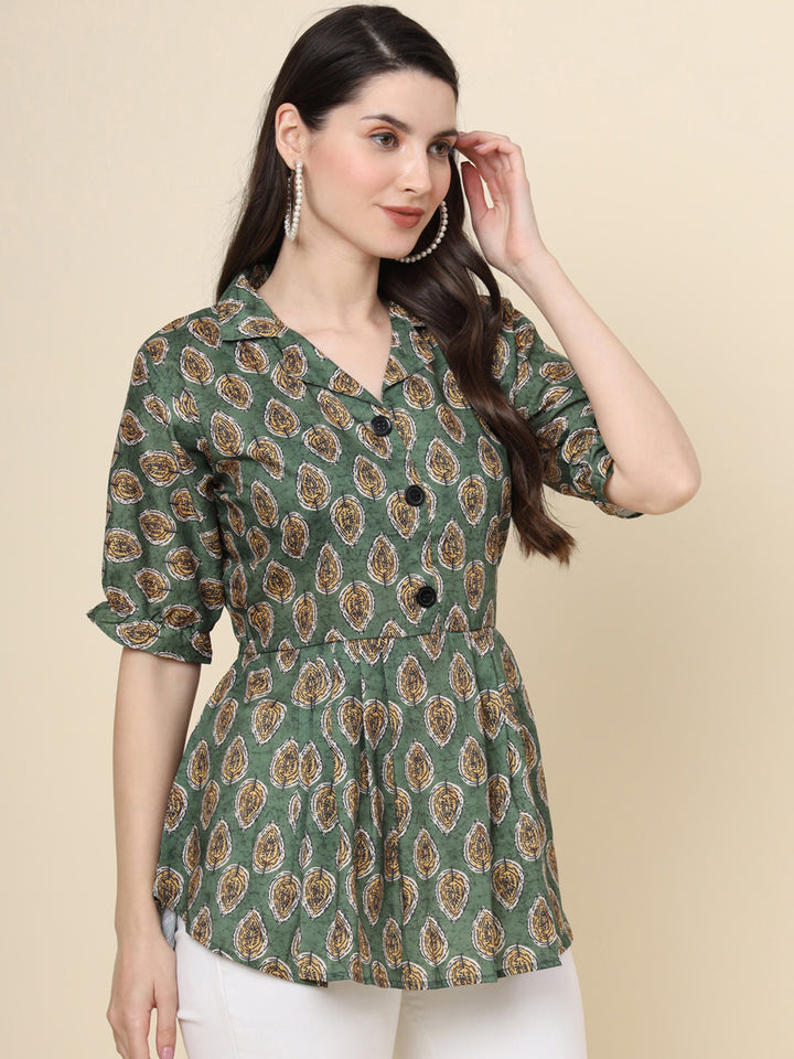 Elegant Green Cotton Kurti | Designer Printed Short Ethnic Wear for Women