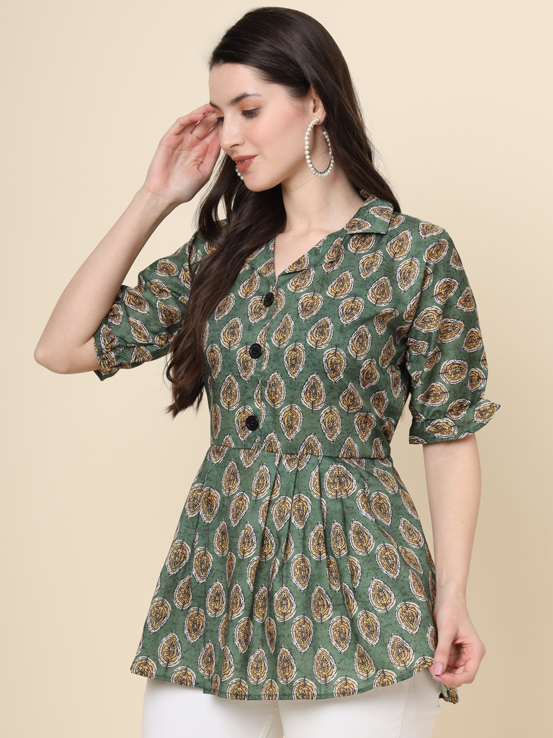 Elegant Green Cotton Kurti | Designer Printed Short Ethnic Wear for Women