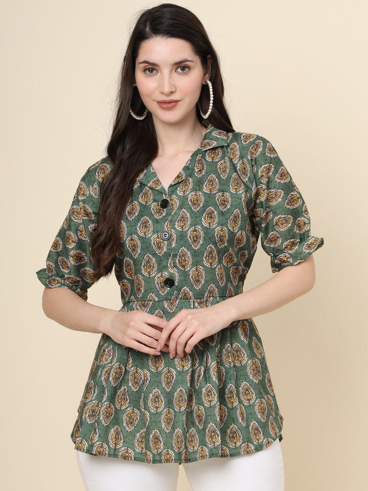 Elegant Green Cotton Kurti | Designer Printed Short Ethnic Wear for Women